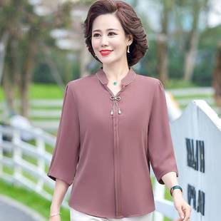 小衫 t恤襯衫 洋氣雪紡套裝 減齡中袖 中老年女士春夏裝 中年媽媽夏裝