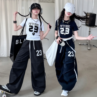 爵士舞闊腿花邊褲 中大童女孩時髦夏天短袖 兩件套 夏季 女童2025新款