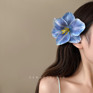 迷霧藍初春郁金香發夾海邊度假風花朵側邊夾女超仙氛圍感小眾頭飾