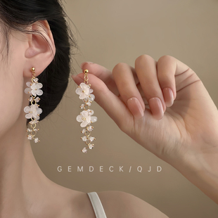 清冷感氣質白色花朵流蘇耳釘森系甜美小清新耳環海邊度假風耳飾女