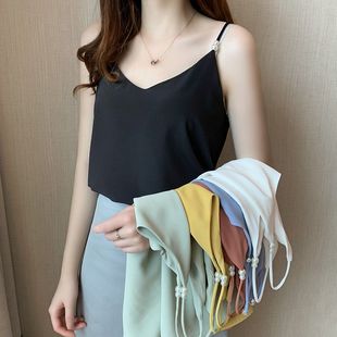 上衣外穿 雪紡短款 黑色吊帶背心女夏內搭寬松打底衫 ins潮性感無袖