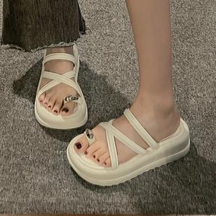 松糕底套趾半拖鞋 涼拖鞋 厚底增高小個子沙灘鞋 新款 女外穿2025夏季