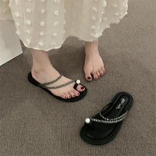 晚風(fēng)拖鞋 珍珠涼拖鞋 女夏季 時尚 高級感平底一字拖 外穿2025新款 法式