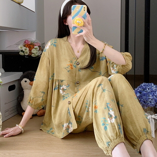 中袖 薄款 棉綢睡衣女夏大碼 甜美束口可外穿綿綢套裝 家居服韓版 新款