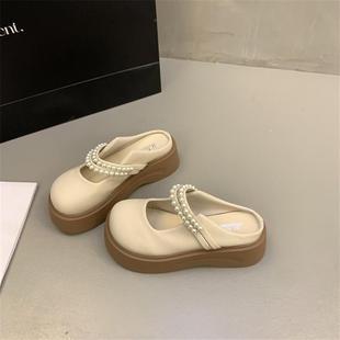 春厚珍珠包頭半拖鞋 夏季 外穿2025年新款 瑪麗珍涼拖鞋 女 一腳蹬法式