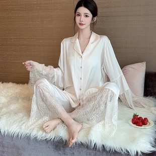 蕾絲花邊套裝 長(zhǎng)袖 網(wǎng)紅冰雪絲外穿家居服 薄款 高級(jí)感冰絲睡衣女春季