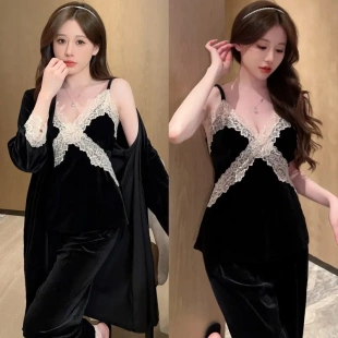 三件套金絲絨睡衣女家居服性感帶胸墊性感蕾絲花邊法式 純色睡衣