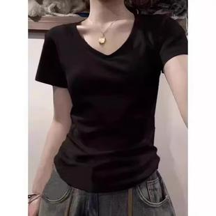 女裝 t恤女夏季 新款 V領(lǐng)內(nèi)搭甜辣修身 上衣女 美式 緊身打底衫 正肩短袖