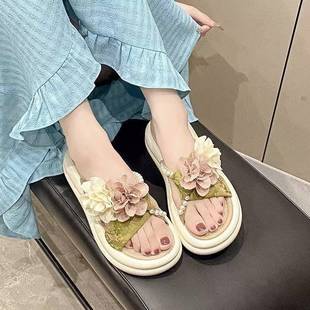 2025款 增高舒適沙灘涼鞋 爆款 時尚 洋氣花朵厚底仙女拖鞋 女士涼拖鞋