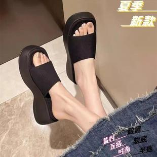 黑色絕美防滑一字沙灘涼鞋 增高厚底氣質(zhì)拖鞋 法式 外穿新款 2025夏季
