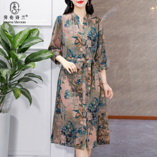 收腰顯瘦日常媽媽裝 花羅香云紗真絲連衣裙女正品 旗艦店桑蠶絲時尚