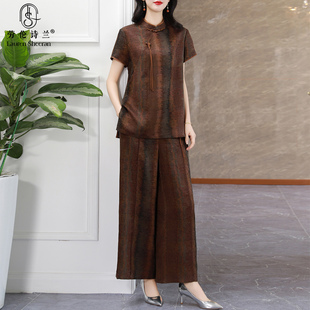 兩件套媽媽裝 專柜正品 桑蠶絲闊腿褲 女2025新款 花羅香云紗真絲套裝