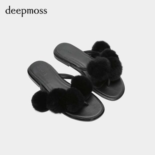 時尚 潮流復古優雅女裝 休閑優雅俏皮卡兔毛球夾腳拖鞋 deepmoss