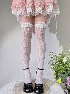 夢幻人偶春夏薄款 女士襪子蕾絲花邊愛心甜美珍珠過膝襪高筒