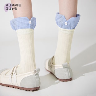 purpleguys紐扣中筒襪子女夏季 拼接花邊格紋學(xué)院miu風(fēng)堆堆襪 薄款