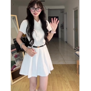 學院甜美溫柔風白色POLO領拼接氣質襯衫 收腰顯瘦短裙 連衣裙女夏季