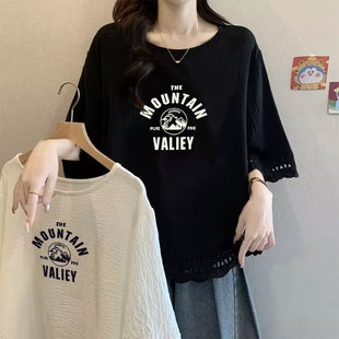 簡約寬松T恤上衣 鏤空特大碼 胖mm300斤美式 印花別致設(shè)計感花邊短袖