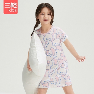 三槍女童可愛全棉A類100%棉白粉兔印花圓領(lǐng)學(xué)生柔軟春夏睡衣睡裙