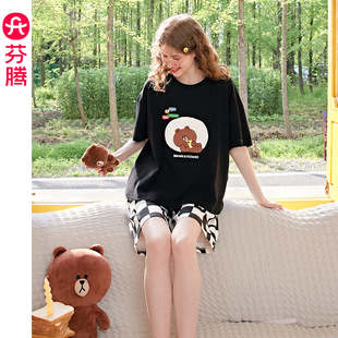 可外穿家居服套裝 芬騰情侶睡衣女布朗熊夏季 圓領男士 薄款 純棉短袖