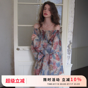 上衣女米色開(kāi)叉半裙兩件套裝 竹依依莫奈油畫(huà) 兩穿一字露肩雪紡衫