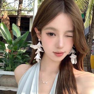 白色花朵流蘇耳環女高級感夸張海邊耳飾長款 氣質甜美耳釘2025新款