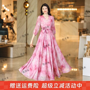 2025年新款 春夏秋印花大擺連衣裙收腰顯瘦度假長(zhǎng)裙雪紡裙沙灘裙