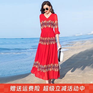 沙灘裙2025年夏V領印花大擺連衣裙收腰顯瘦旅游度假長裙雪紡裙子