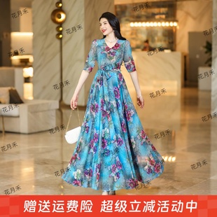 2025年夏秋新款 女士大擺V領沙灘裙印花連衣裙收腰顯瘦長裙雪紡裙