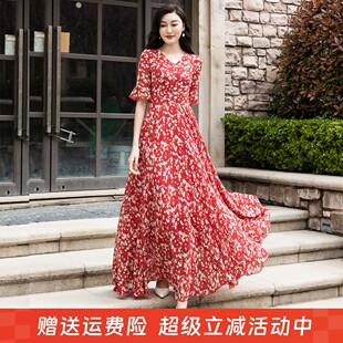 2025年夏季 印花大擺連衣裙收腰顯瘦旅游度假長裙雪紡裙沙灘裙 新款