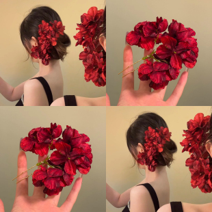 灼灼情懷 氛圍感紅色花朵發(fā)簪海邊度假風(fēng)側(cè)邊盤發(fā)頭花發(fā)釵馬尾夾
