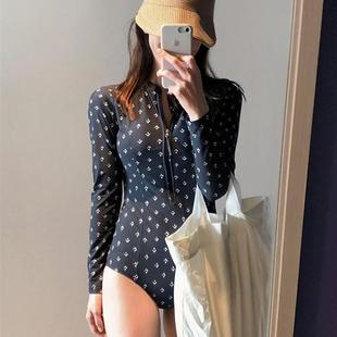 韓國顯瘦黑色潛水服長袖 拉鏈浮潛聚攏連體泳衣女保守遮肚溫泉泳裝