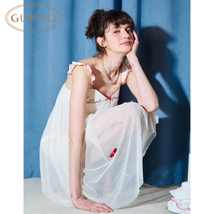 Gukoo 蝴蝶結(jié)網(wǎng)紗花邊吊帶家居睡裙 果殼含胸墊睡衣女夏款