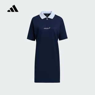 adidas阿迪達斯2025夏翻領及膝長裙女透氣拉鏈半開襟連衣裙JM4329