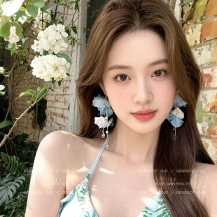 流蘇耳飾 海邊度假風藍粉色絕美花朵長款 適合夏天 耳環女2025新款
