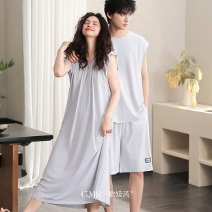 大碼 睡衣女夏薄款 家居服男士 甜蜜情侶裝 套頭 莫代爾棉睡裙遮肉飛袖