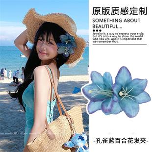 海島風(fēng)藍(lán)色百合花朵發(fā)夾海邊度假風(fēng)側(cè)邊碎發(fā)夾小眾高級感發(fā)飾新品