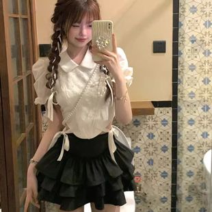 上衣花邊蛋糕裙兩件套 蝴蝶結綁帶收腰白色短袖 韓系辣妹套裝 女夏季