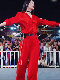 紅色套裝 寬松休閑闊腿褲 2023年新款 女時尚 紅色氣質(zhì)襯衫 唐藝同款