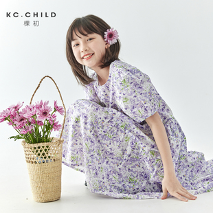 棵初2025夏季 親子中大女童碎花連衣裙純棉紫色蓬蓬裙 新款