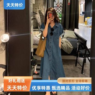 收腰遮肉氣質(zhì)襯衫 牛仔連衣裙女夏季 中長款 復(fù)古短袖 長裙子 2021新款