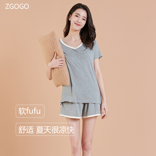家居服夏季 大碼 清新短袖 睡衣女夏天帶胸墊莫代爾網紅風小個子套裝