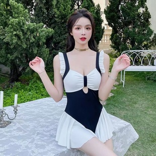 韓國外貿(mào)撞色連體泳衣木耳邊露背小清新泳裝 女溫泉保守遮肚顯瘦