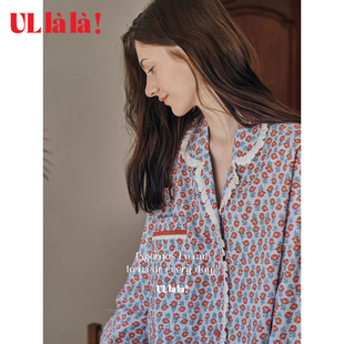 休閑薄款 Ullala家居服碎花春季 開衫 純棉女睡衣套裝 花邊東大門 韓版