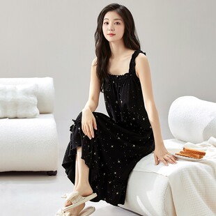 夏天中長款 新品 自帶胸墊一體吊帶薄款 睡衣睡裙夏季 家居服 女士無袖