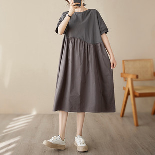連衣裙女夏遮肉顯瘦寬松休閑減齡中 撞色拼接棉質短袖 新品 文藝大碼