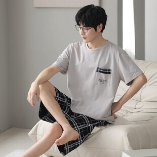 純棉睡衣套裝 男士 100%全棉大碼 家居服格子薄款 可外穿 新品 韓版 夏季