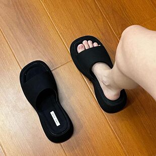 高級女士感涼鞋 坡跟拖鞋 外穿 牛仔厚底黑色夏季 百搭網紅方頭新品