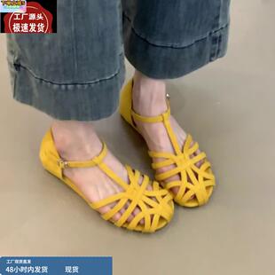 一字扣帶復古波西米亞包頭涼鞋 羊皮版 圓頭鏤空編織坡跟羅馬涼鞋