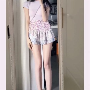 enen甜辣純欲風套裝 圓領T恤兩件套 碎花半身裙女荷G葉邊度假裙短款