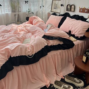 公主風風法式 f粉色少女心床裙四件套黑色花邊純色水洗棉被套床上3
